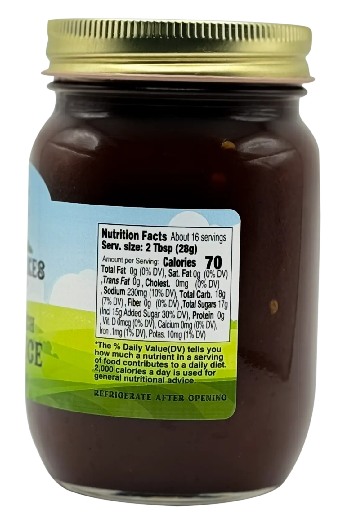 Back of Great Lakes Preserves jar with Nutrition Facts: serving 2 Tbsp (28g), 70 calories; refrigerate after opening.