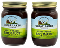 Two Great Lakes Preserves Zesty Peach BBQ Sauce jars, 16 oz (454g) each, front labels shown with gold lids.
